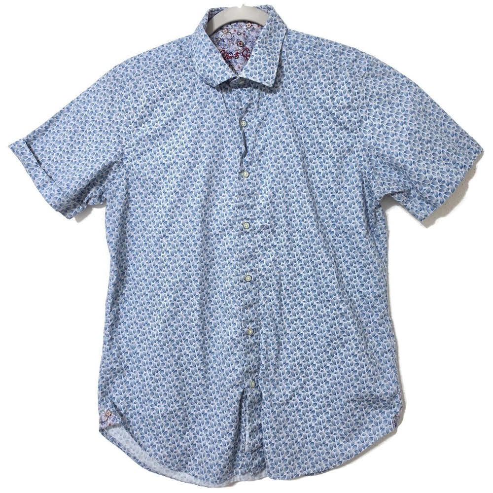 Robert Graham Shirt Mens Small Blue Floral Short Sleeve Button Cotton Casual